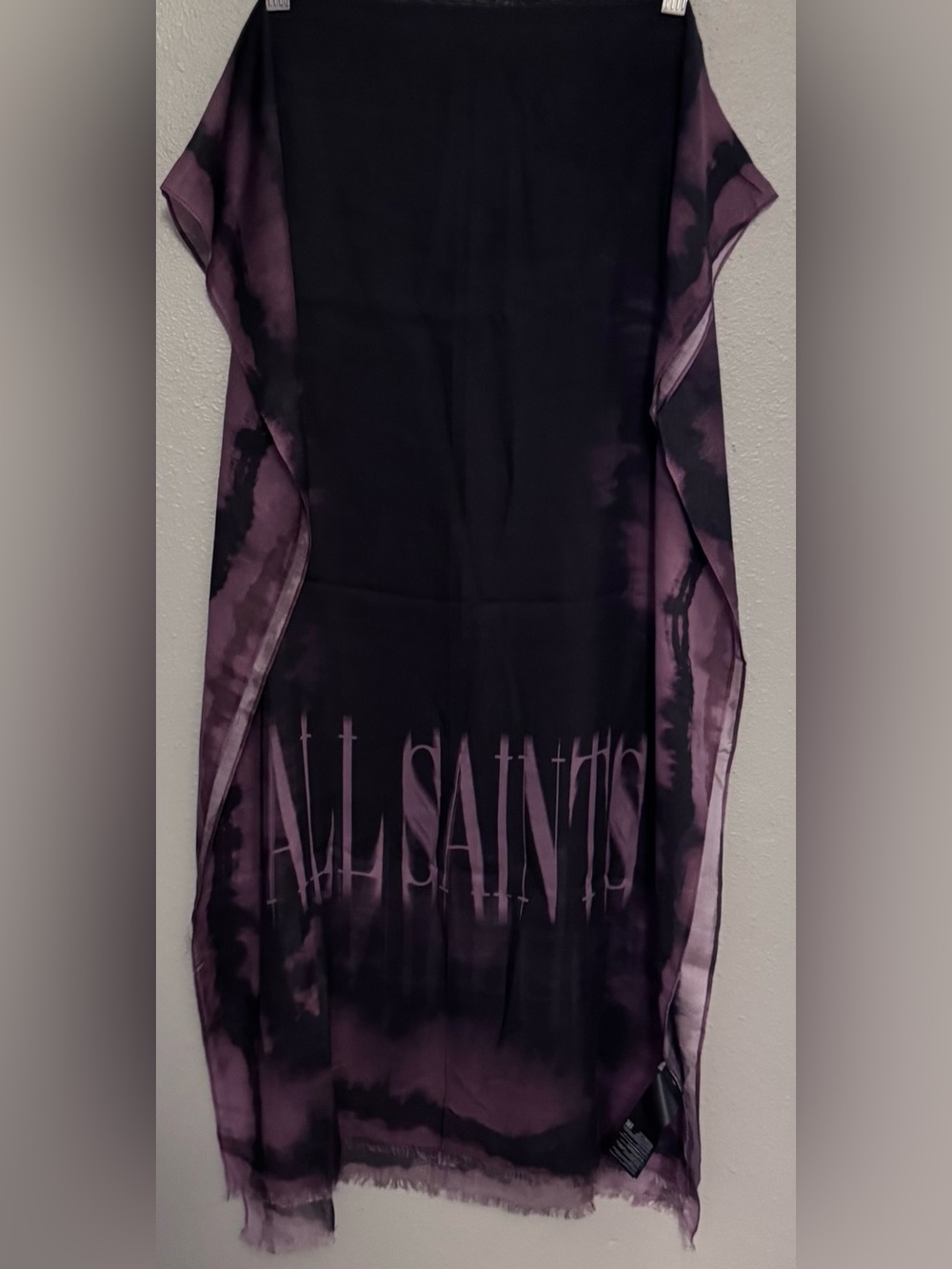 All Saints Charcoal & Dusty Rose Bleach-Wash Logo Oblong Scarf or Wrap